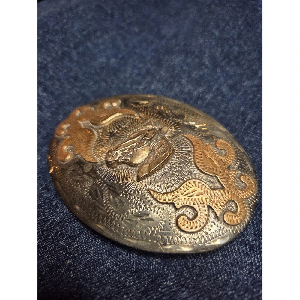 Vintage Nickel Silver Stallion Belt Buckle by Western Flair Co.